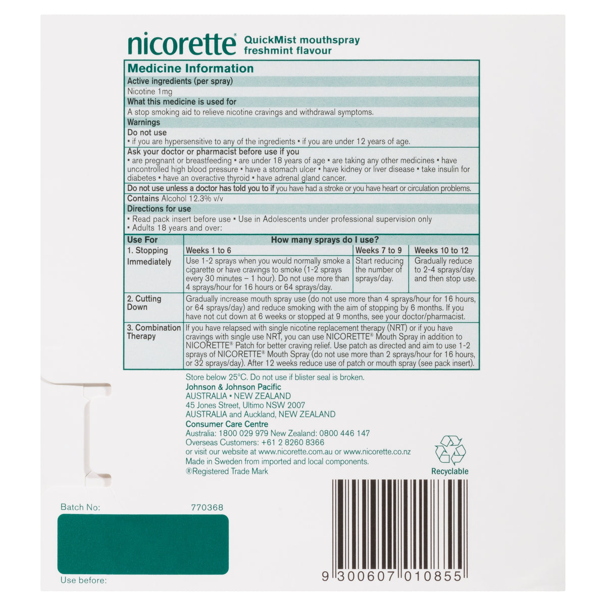 Nicorette QuickMist Mint Spray 150 mL x 2 Pack