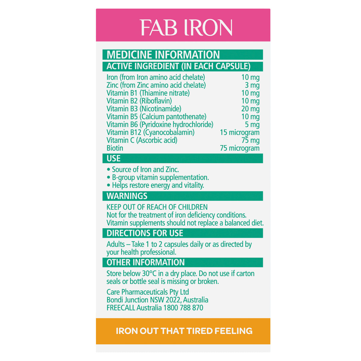 Fab Iron + Vit. B Complex & Zinc 60s