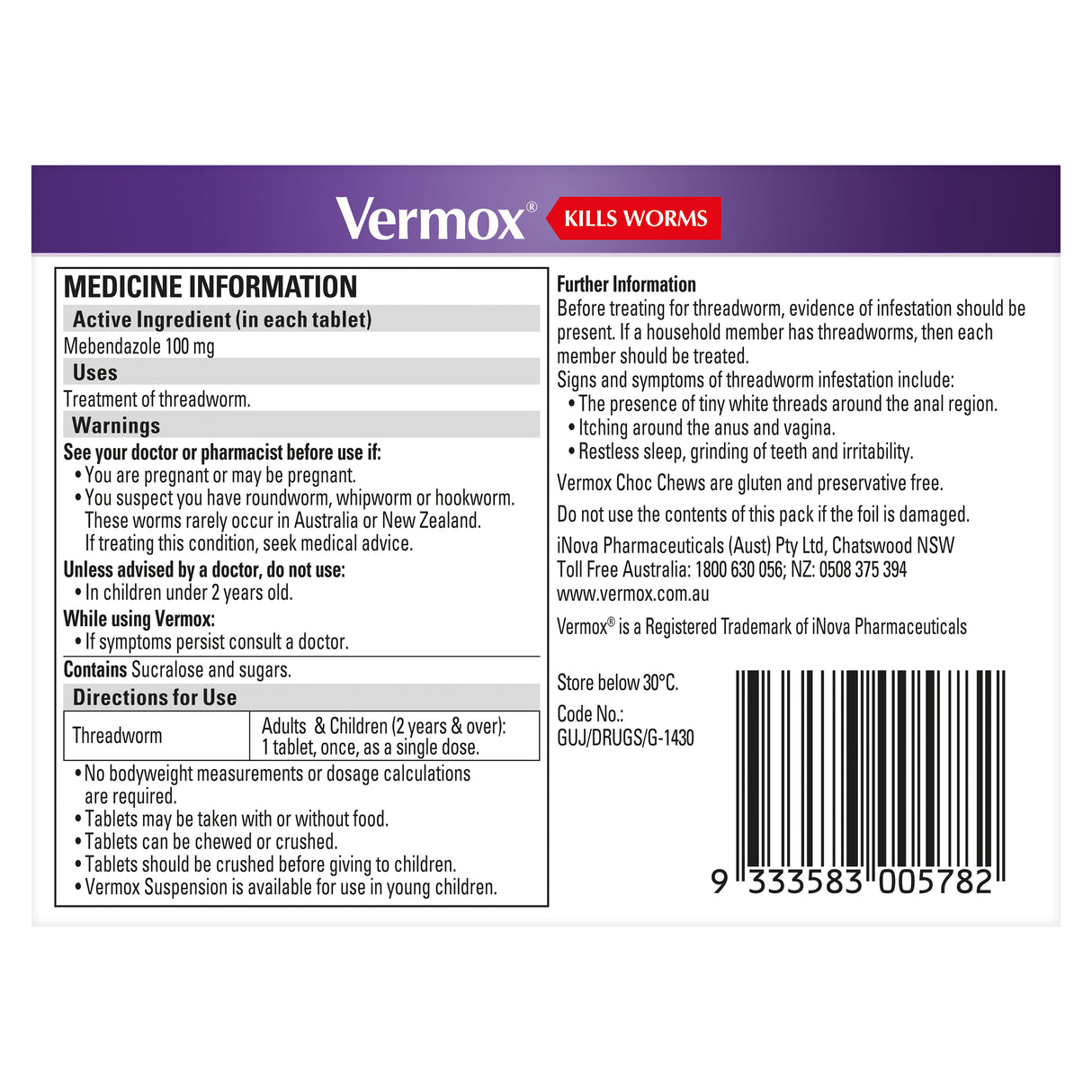 Vermox Worming Treatment Choc Chews 4 Tablets