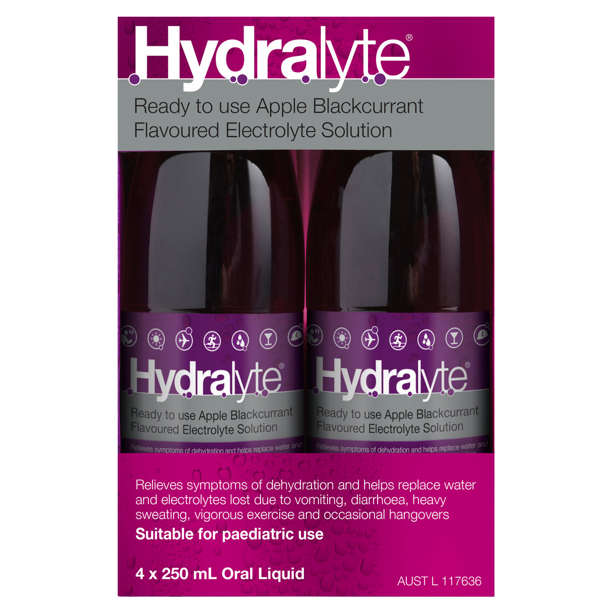 Hydralyte Ready to use Electrolyte Solution Apple Blackcurrant Flavoured 4 x 250mL