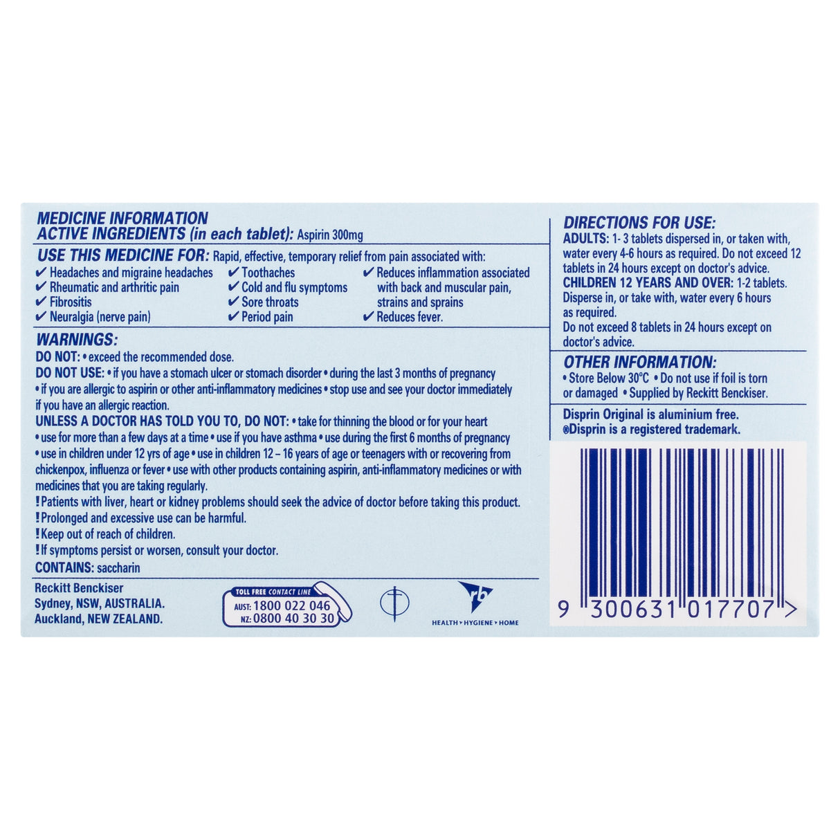 Disprin Original Fast and Effective Dispersible Tablets 300mg Aspirin 24 pack