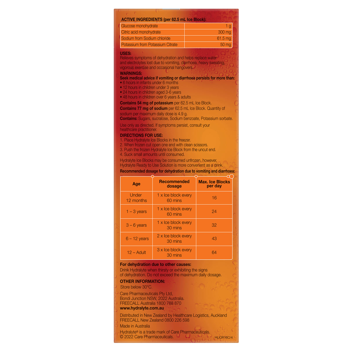 Hydralyte Electrolyte Ice Blocks Orange Flavoured 16 Pack