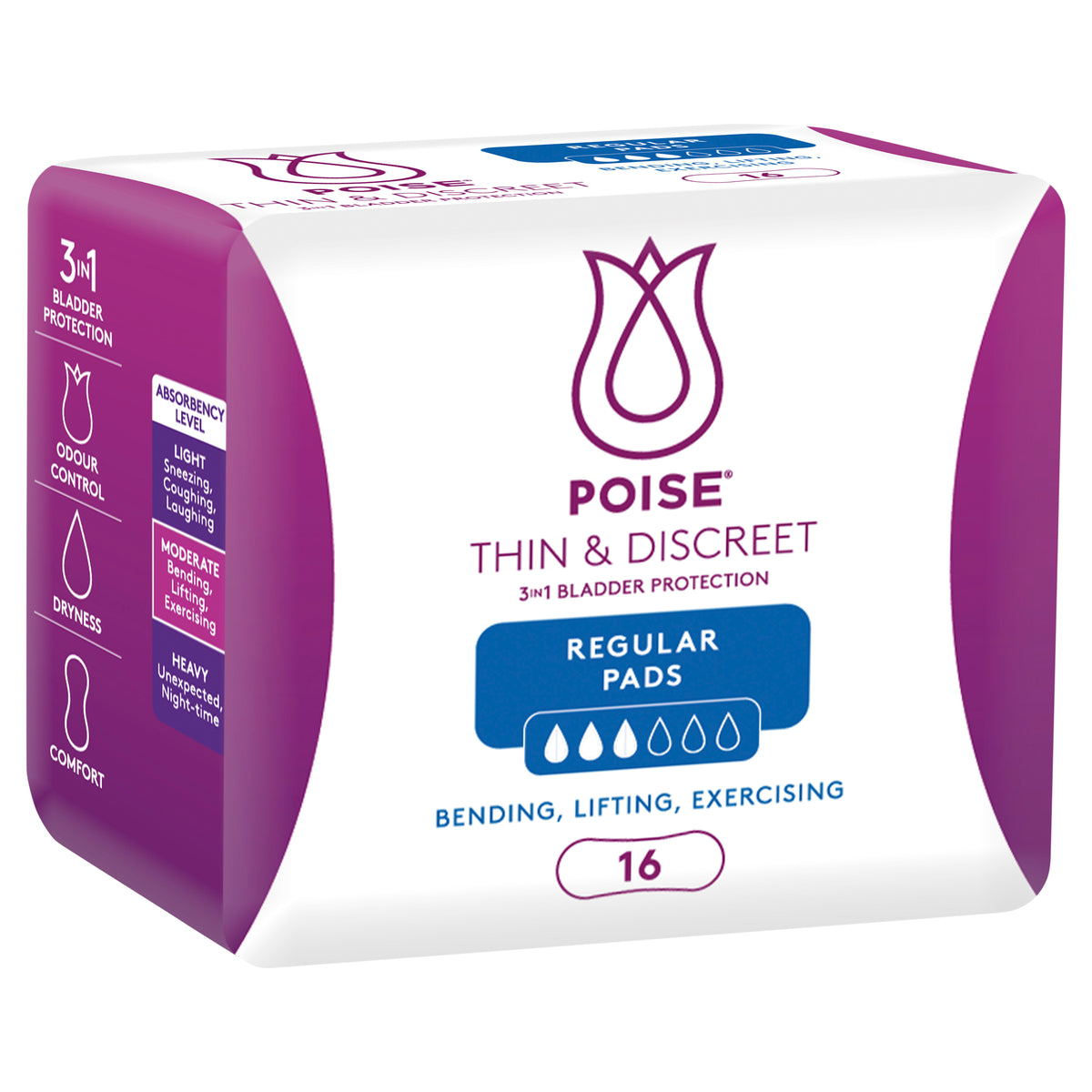 Poise Thin & Discreet Incontinence Pads Regular 16 Pack