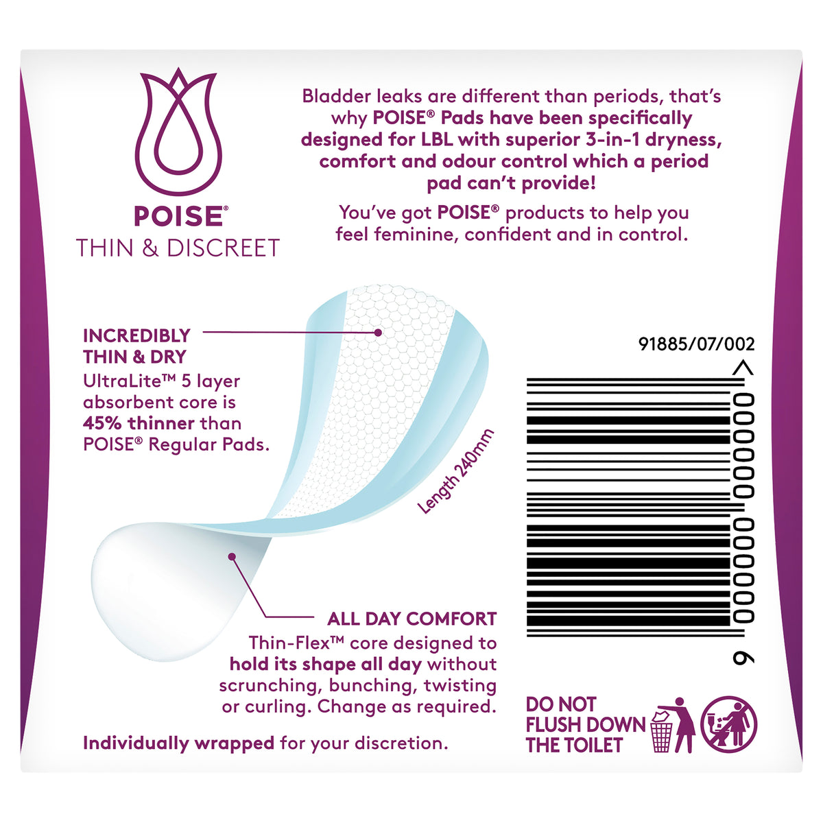 Poise Thin & Discreet Incontinence Pads Regular 16 Pack