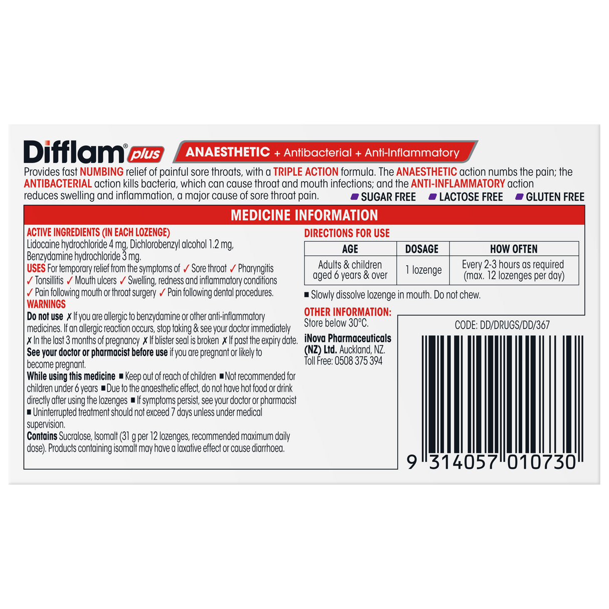 Difflam Plus Anaesthetic Sore Throat Lozenges Blackcurrant Flavour 16 Pack