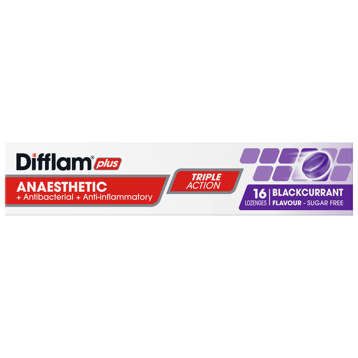 Difflam Plus Anaesthetic Sore Throat Lozenges Blackcurrant Flavour 16 Pack