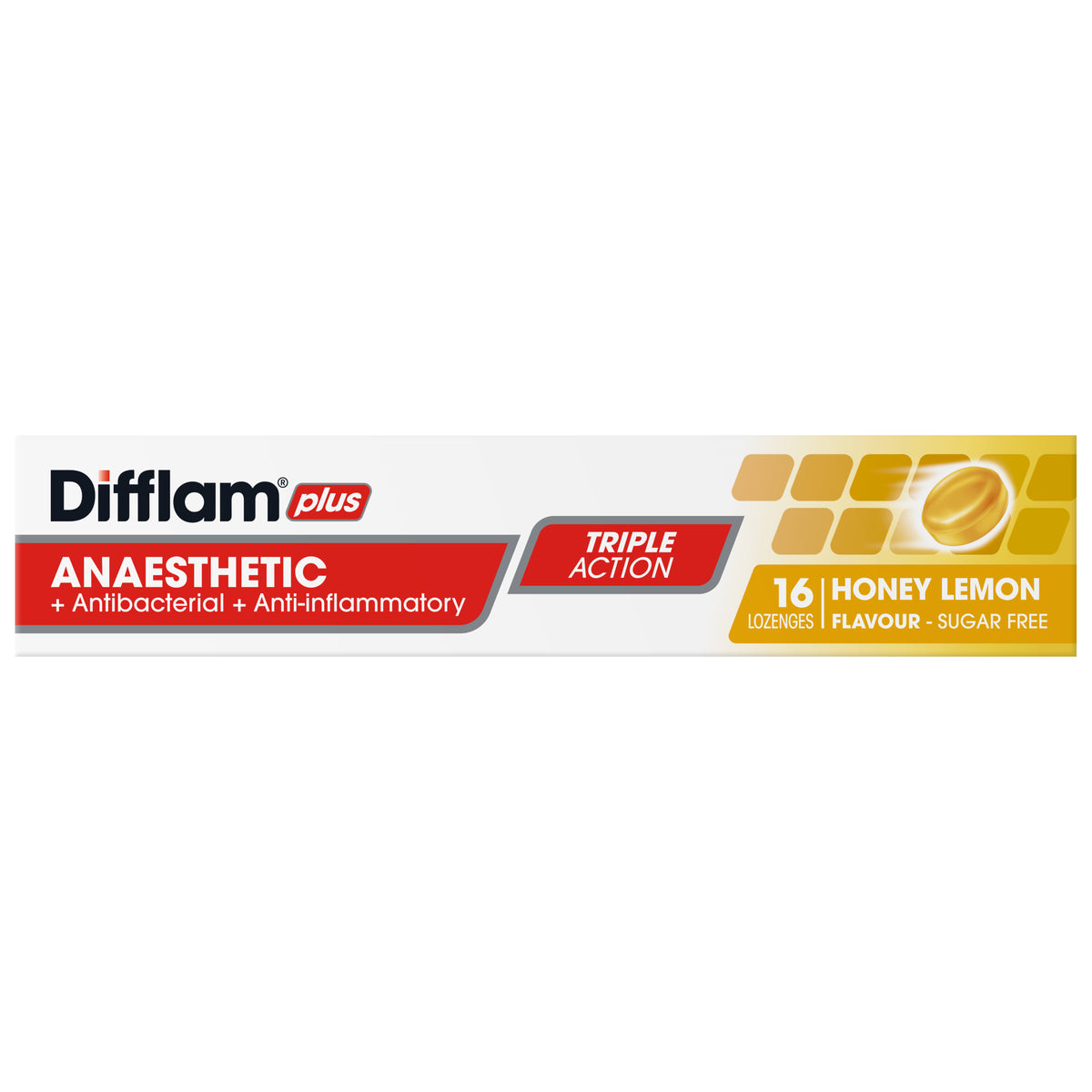 Difflam Plus Anaesthetic Sore Throat Lozenges Honey & Lemon Flavour 16 Pack