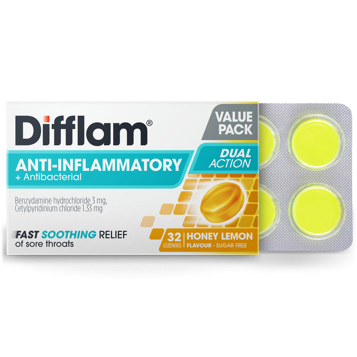 Difflam Lozenges Anti-Inflammatory + AntiBacterial Honey Lemon 32s