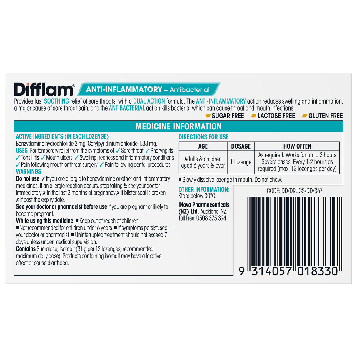Difflam Lozenges Anti-Inflammatory + AntiBacterial Honey Lemon 32s