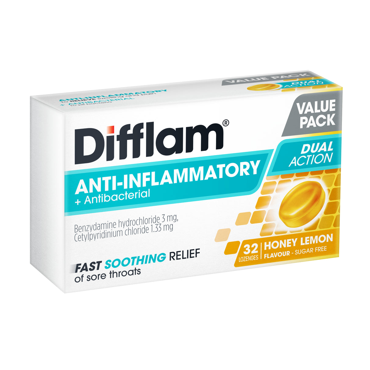 Difflam Lozenges Anti-Inflammatory + AntiBacterial Honey Lemon 32s