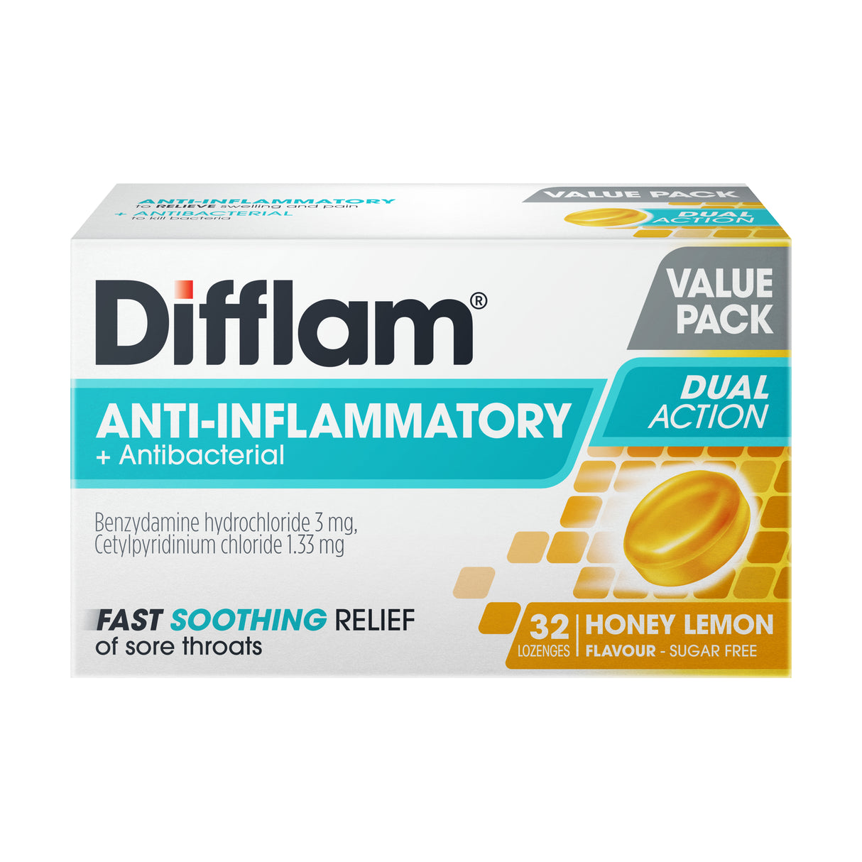 Difflam Lozenges Anti-Inflammatory + AntiBacterial Honey Lemon 32s