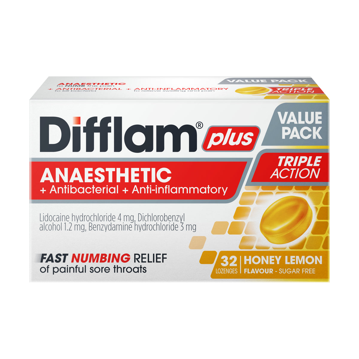 Difflam Plus Lozenges Anaesthetic Honey Lemon 32s