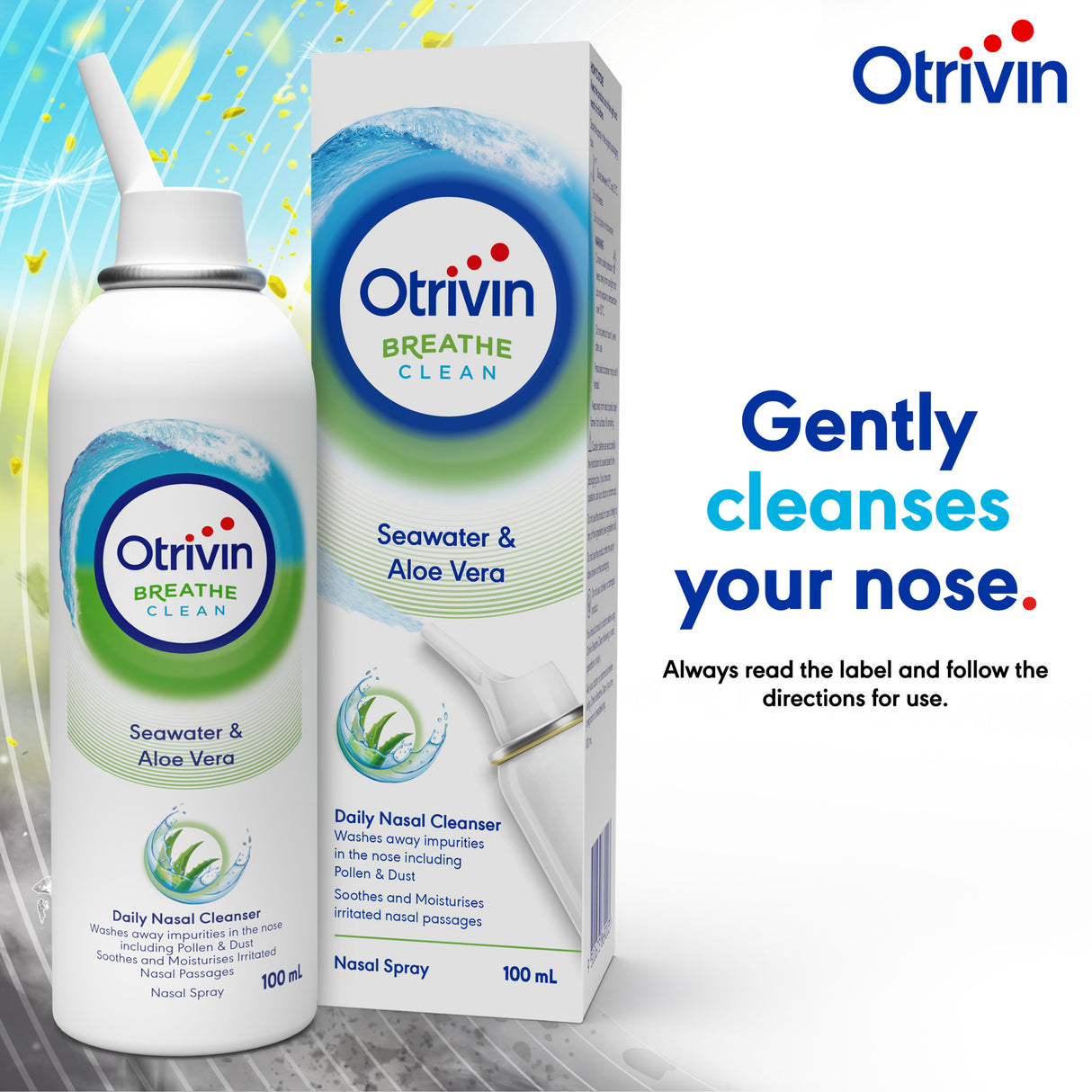 Otrivin Breathe Clean Natural Daily Nasal Cleanser with Isotonic Seawater & Aloe Vera, 100mL
