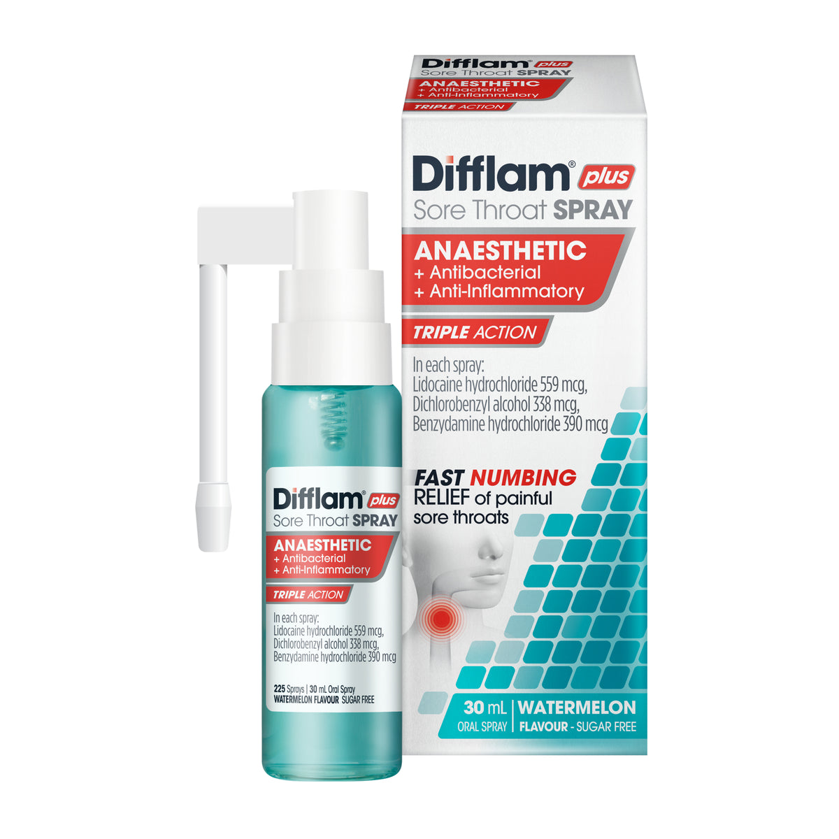 Difflam Plus Sore Throat Spray Anaesthetic + Antibacterial + Anti-Inflammatory Watermelon 225 Sprays 30mL