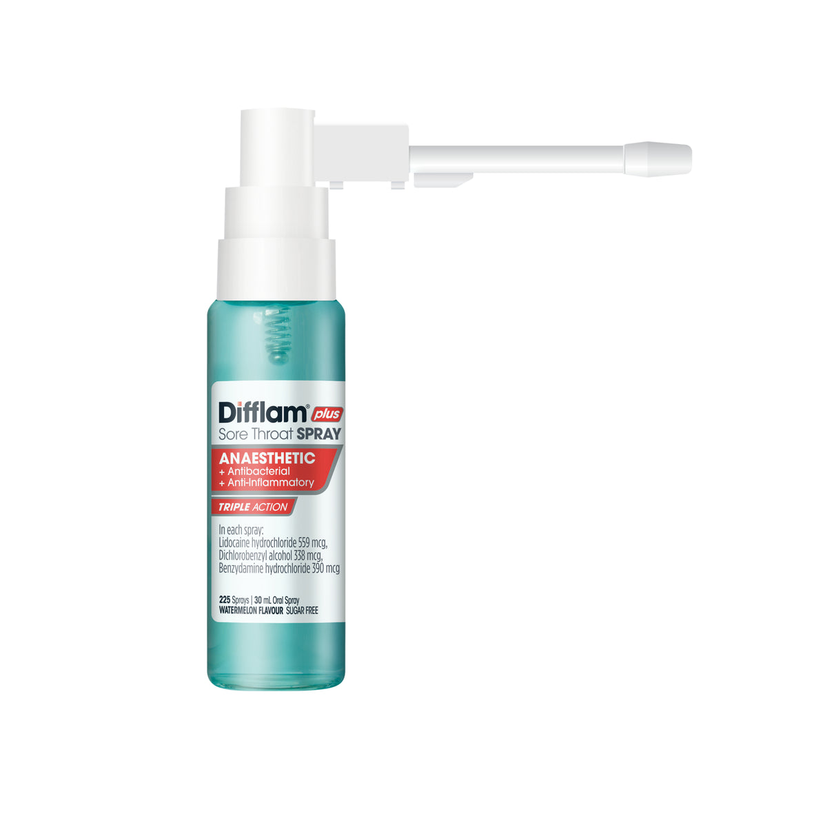Difflam Plus Sore Throat Spray Anaesthetic + Antibacterial + Anti-Inflammatory Watermelon 225 Sprays 30mL