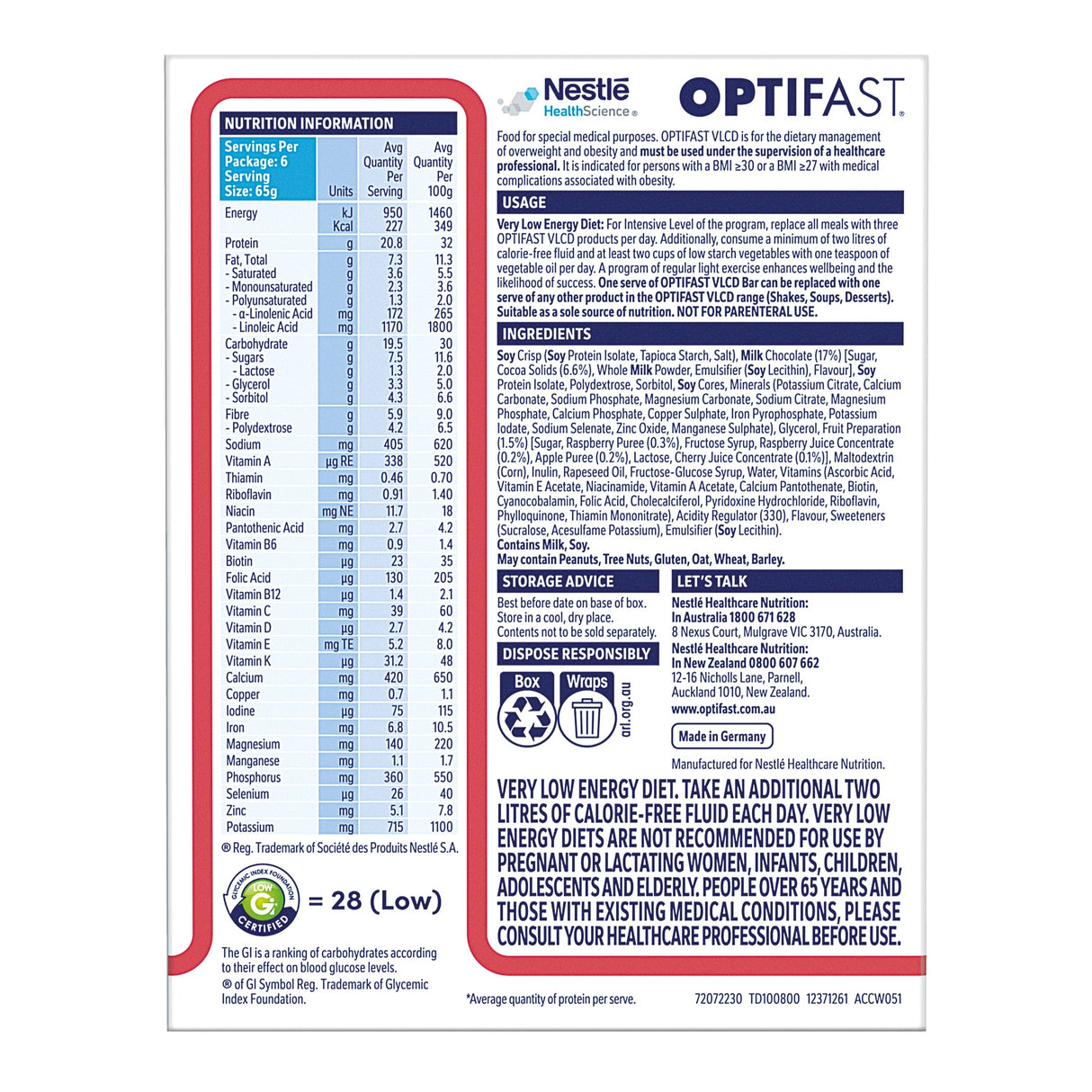 OPTIFAST VLCD Bar Berry Crunch Flavour 6 Pack 390g