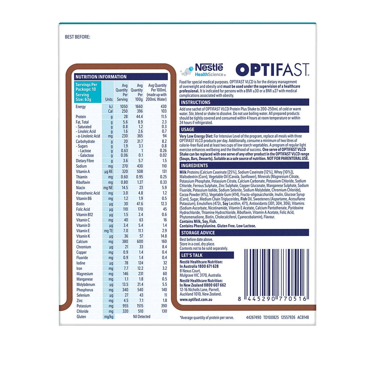 OPTIFAST P+ VLCD Shake Chocolate 10x63g