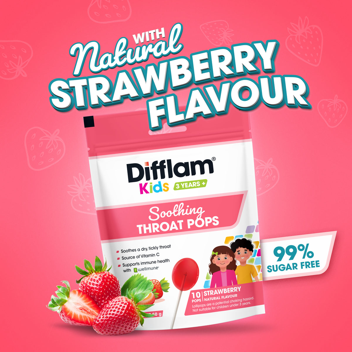 DIFFLAM Kids Soothe Throat Pops Strawberry 10s