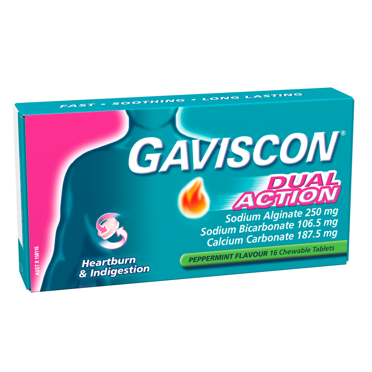 Gaviscon Dual Action Chewable Tablets Peppermint Heartburn & Indigestion Relief 16 Pack