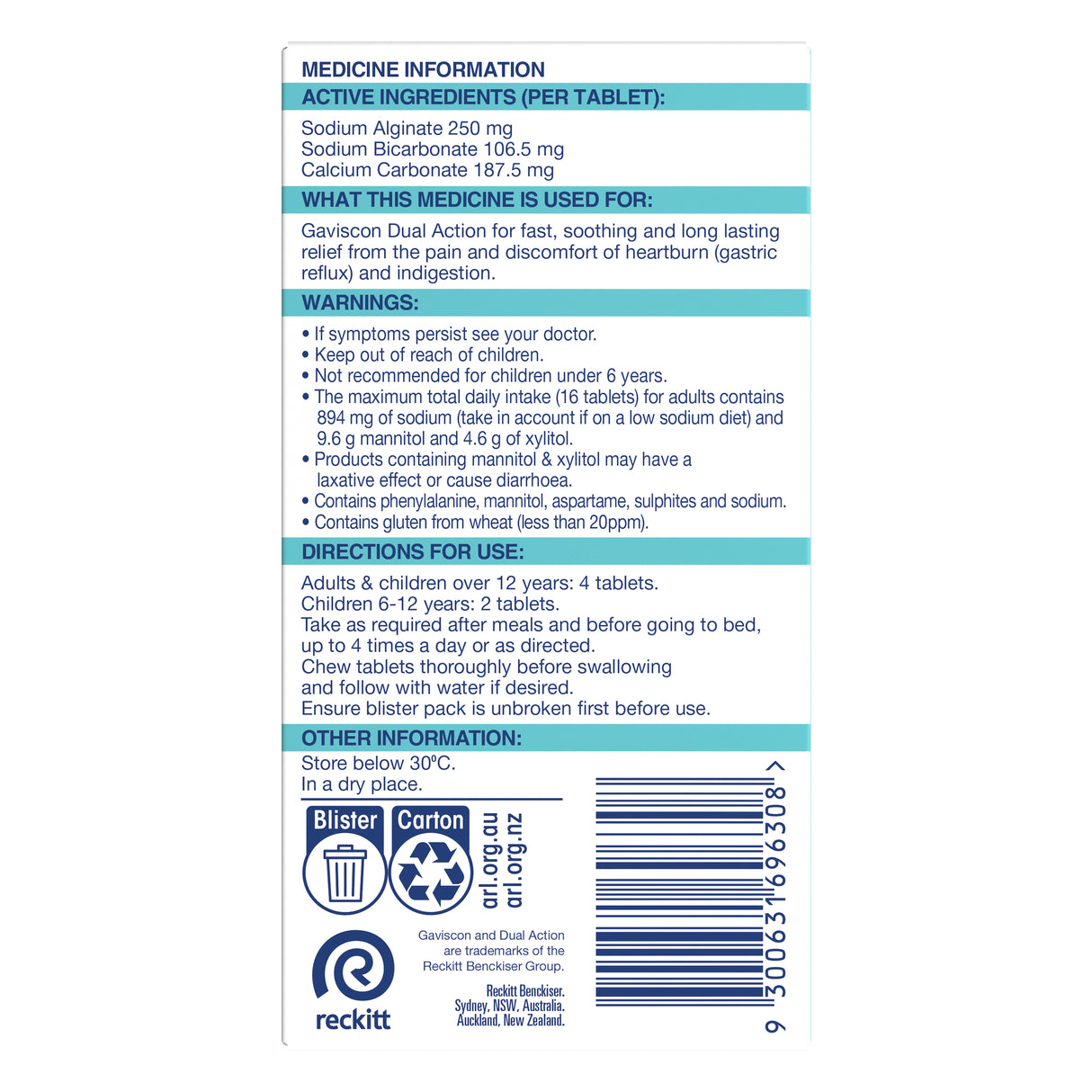 Gaviscon Dual Action Heartburn and Indigestion Relief Mixed Berry Flavour 16 Tablets