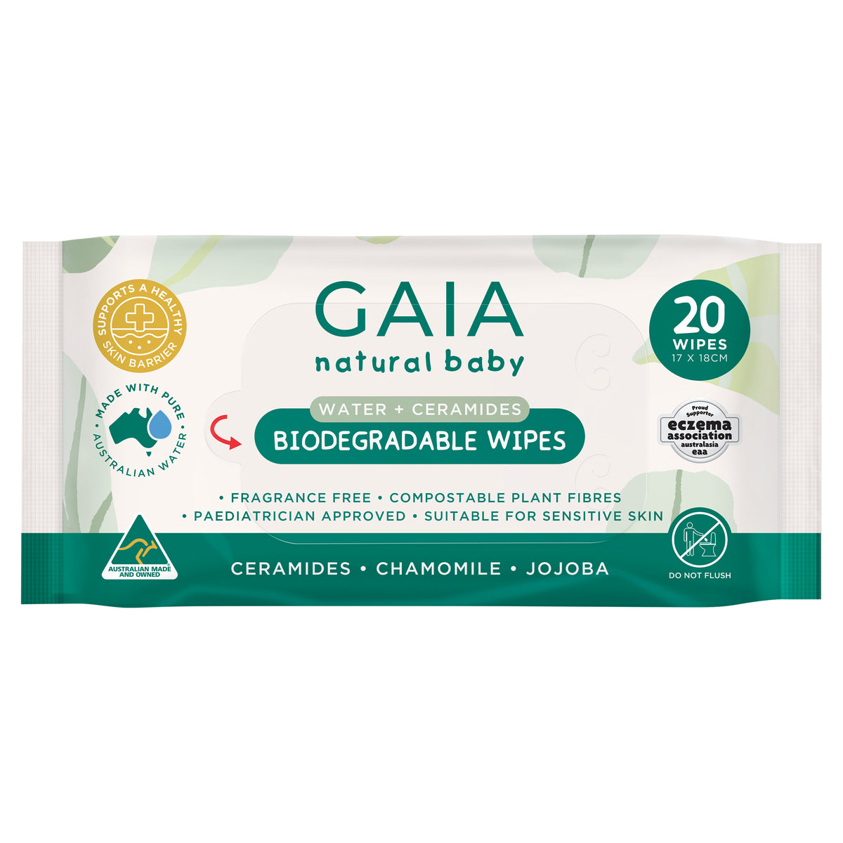 GAIA Natural Baby Water + Ceramides Biodegradable Wipes 20pk