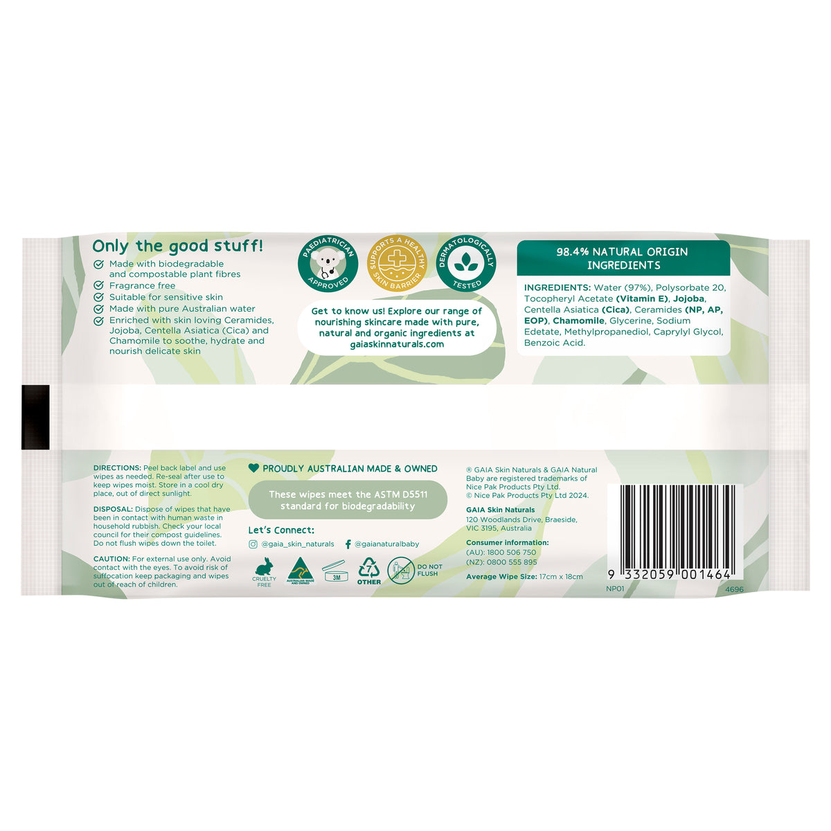 GAIA Natural Baby Water + Ceramides Biodegradable Wipes 20pk