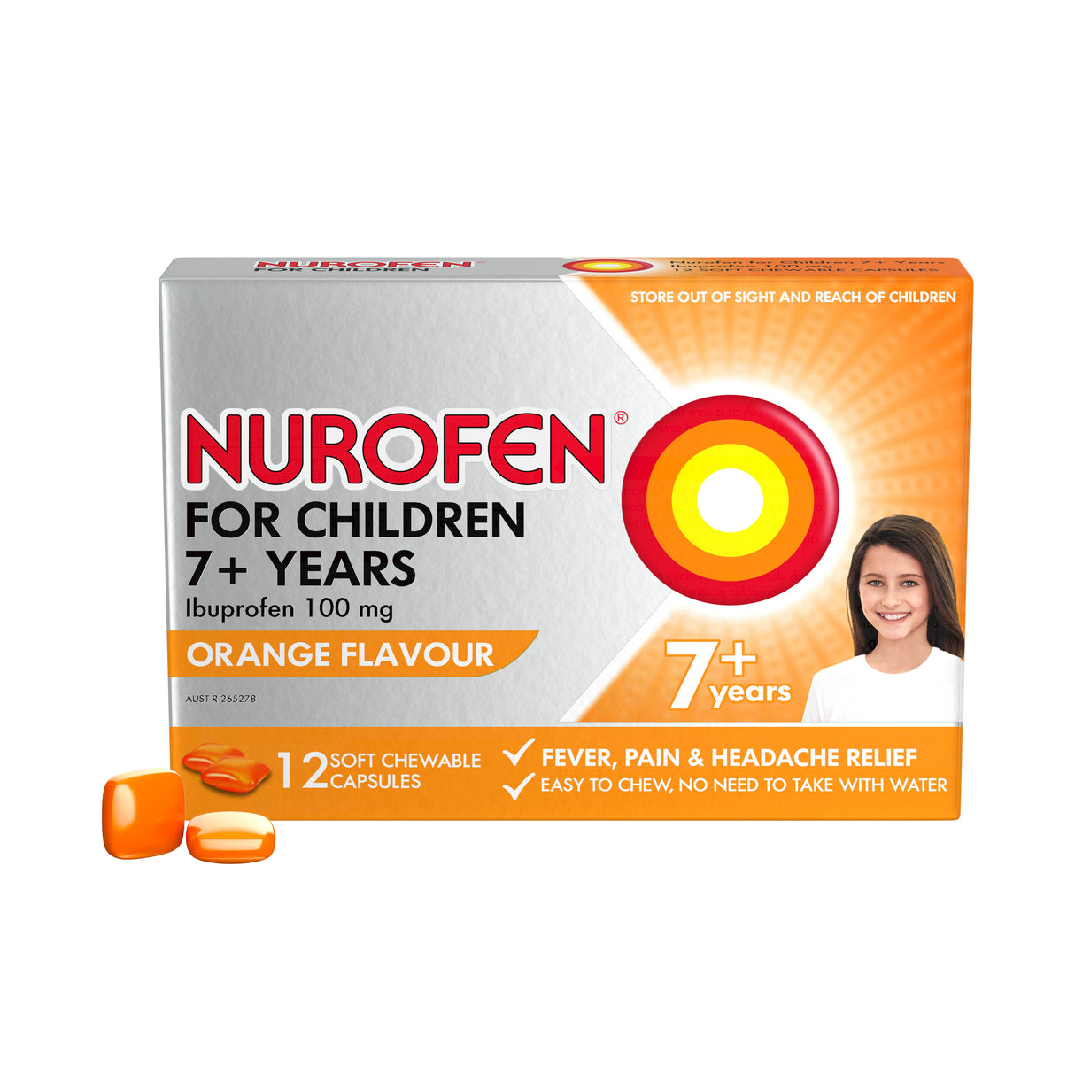 Nurofen for Children Pain and Fever Relief Chewable Capsules 100 mg Ibuprofen Orange 12 Pack