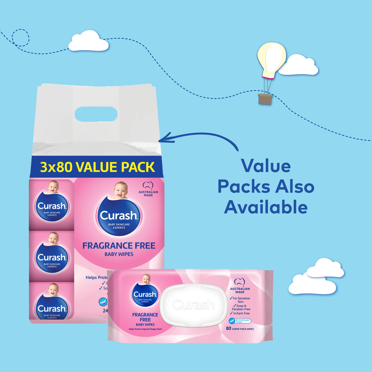Curash Fragrance Free Baby Wipes 80