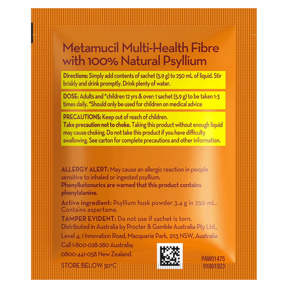 Metamucil Multi-Health Fibre with 100% Psyllium Natural Psyllium Orange Smooth 30D