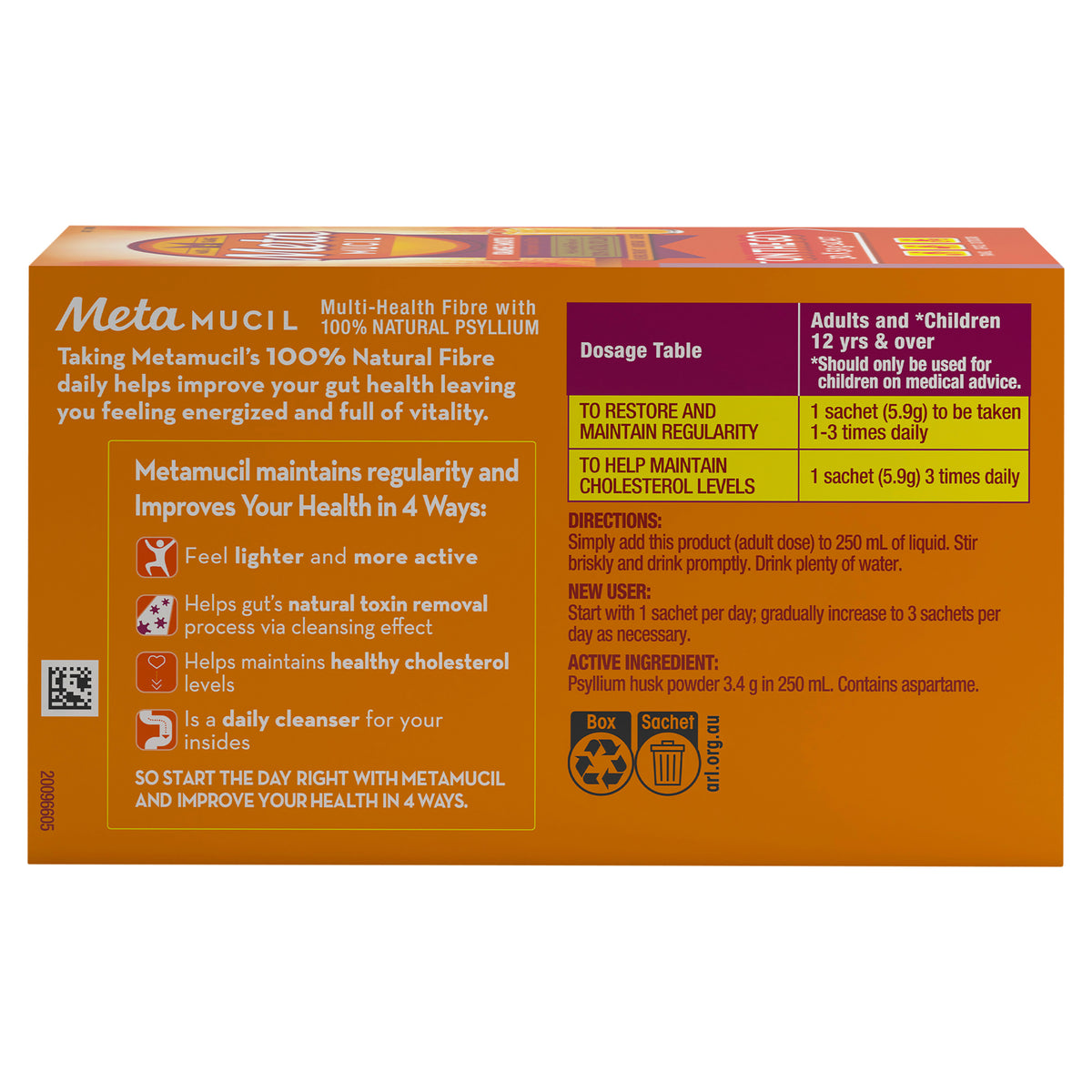 Metamucil Multi-Health Fibre with 100% Psyllium Natural Psyllium Orange Smooth 30D