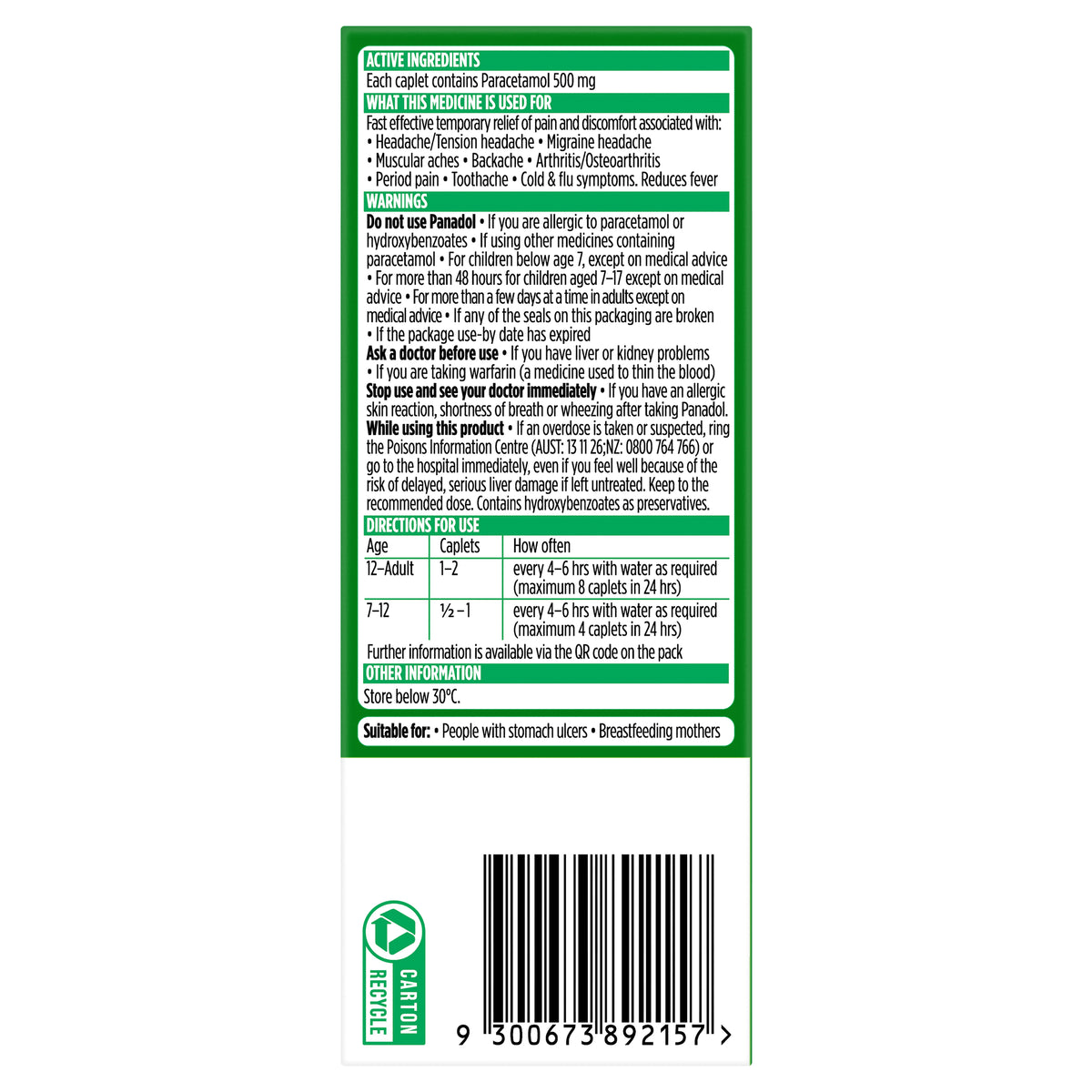 Panadol with Optizorb for Pain Relief, Paracetamol - 500mg 48 Caplets