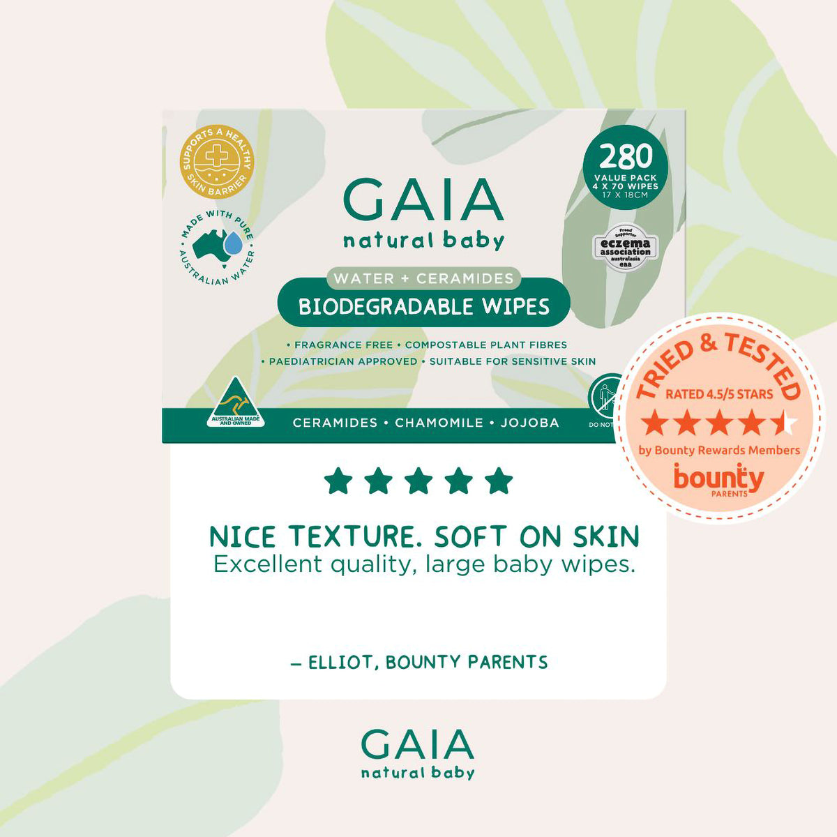 GAIA Natural Baby Water + Ceramides Biodegradable Wipes 280pk