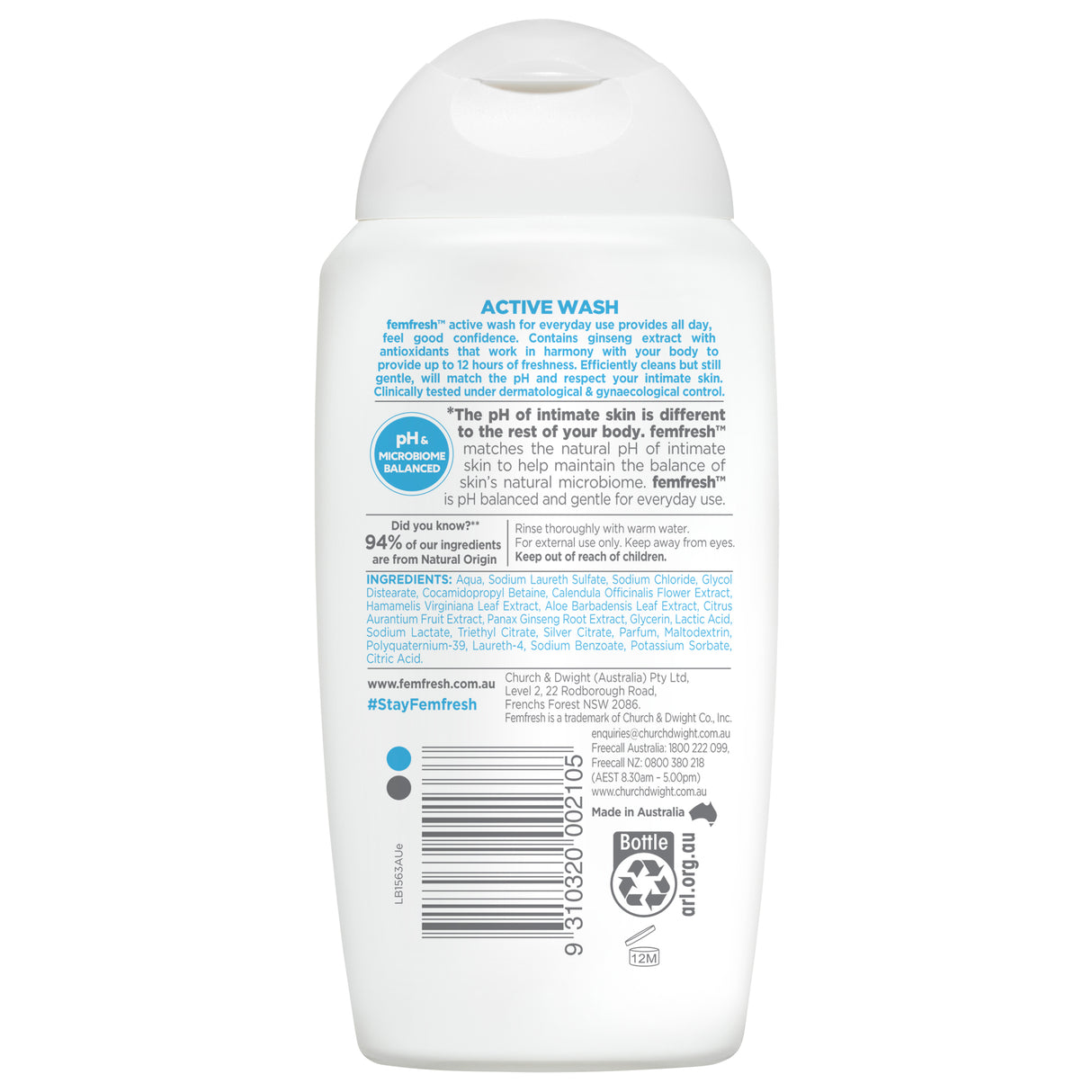 Femfresh Deodorising Active Wash with Ginseng Extract & Silver Ions 250ml