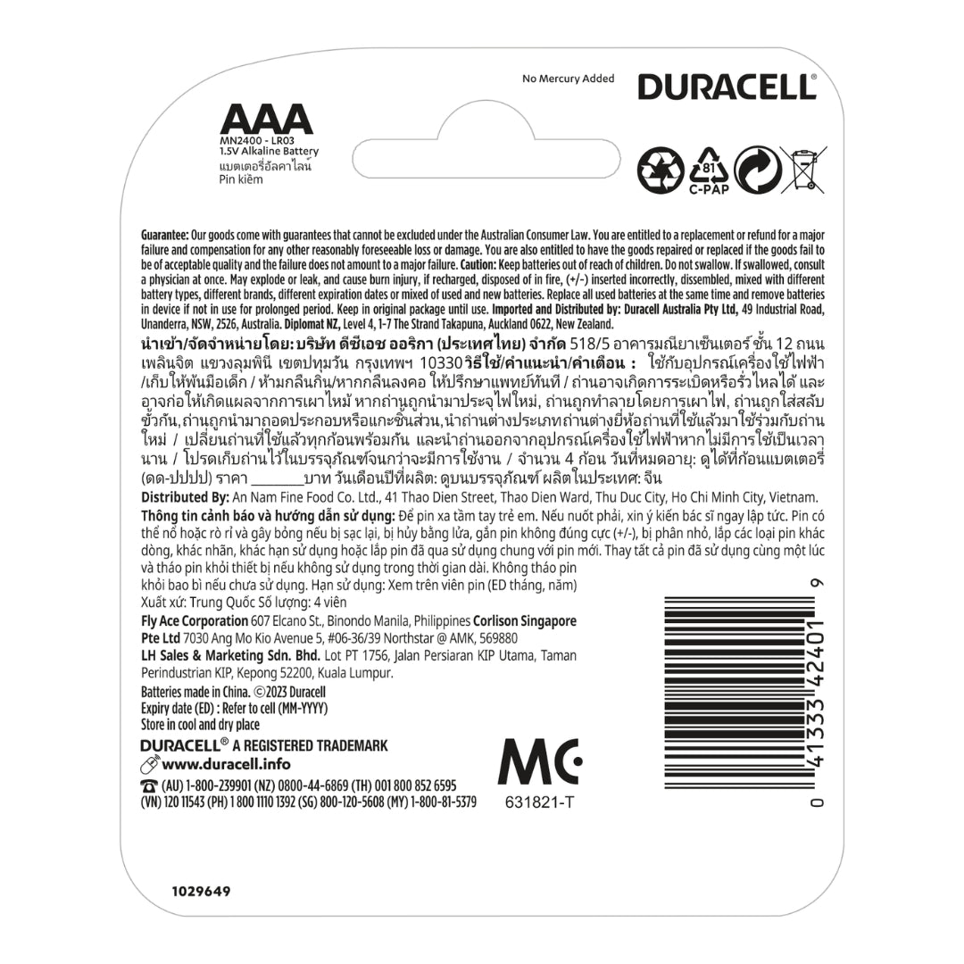 Duracell Coppertop AAA Alkaline Batteries 4 pack