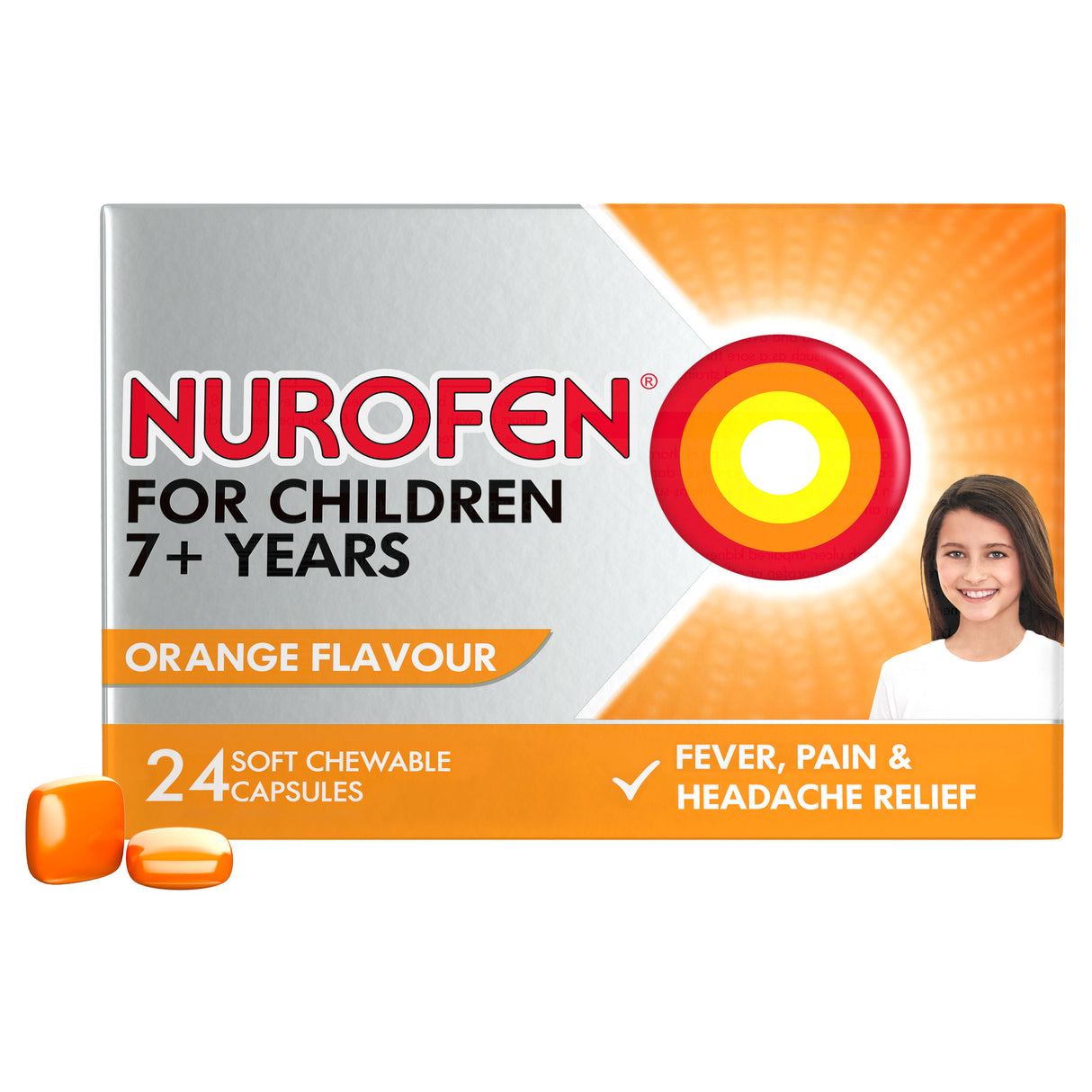Nurofen For Children 7and Pain and Fever Relief Chewable Capsules 100mg Ibuprofen Orange 24 pack