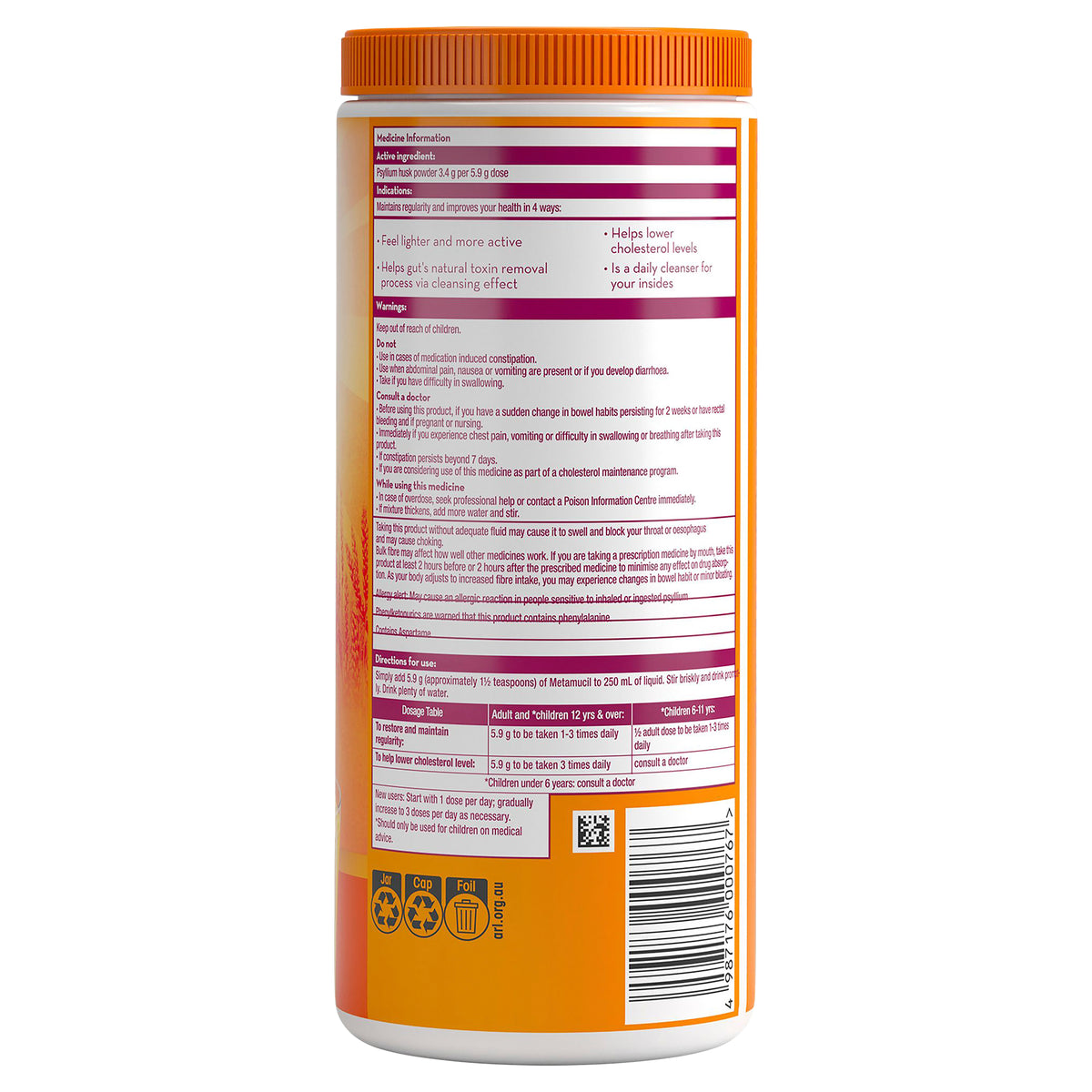 Metamucil Multi-Health Fibre with 100% Psyllium Natural Psyllium Orange Smooth 72D