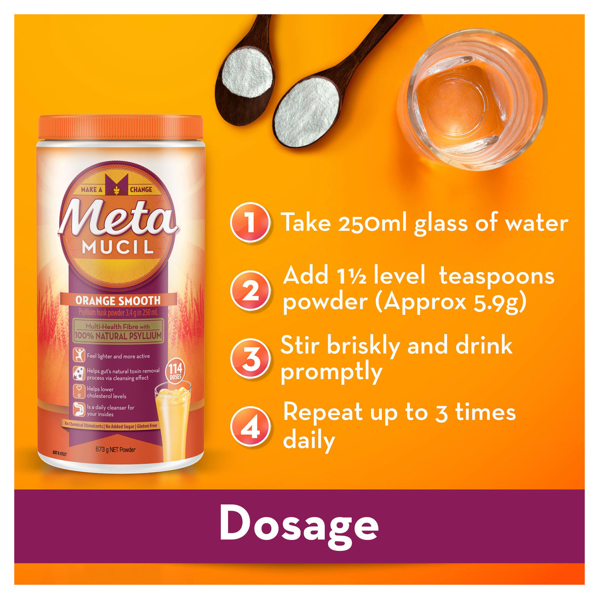 Metamucil Multi-Health Fibre with 100% Psyllium Natural Psyllium Orange Smooth 72D