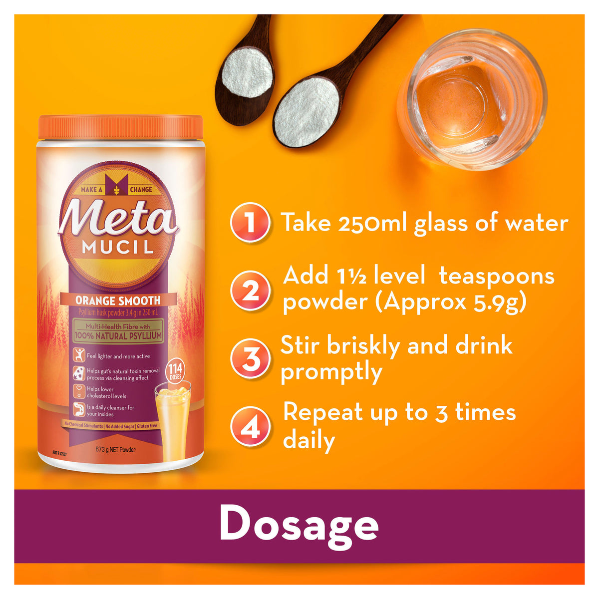 METAMUCIL Natural Fibre Supplement Smooth Orange Flavour 114 Dose