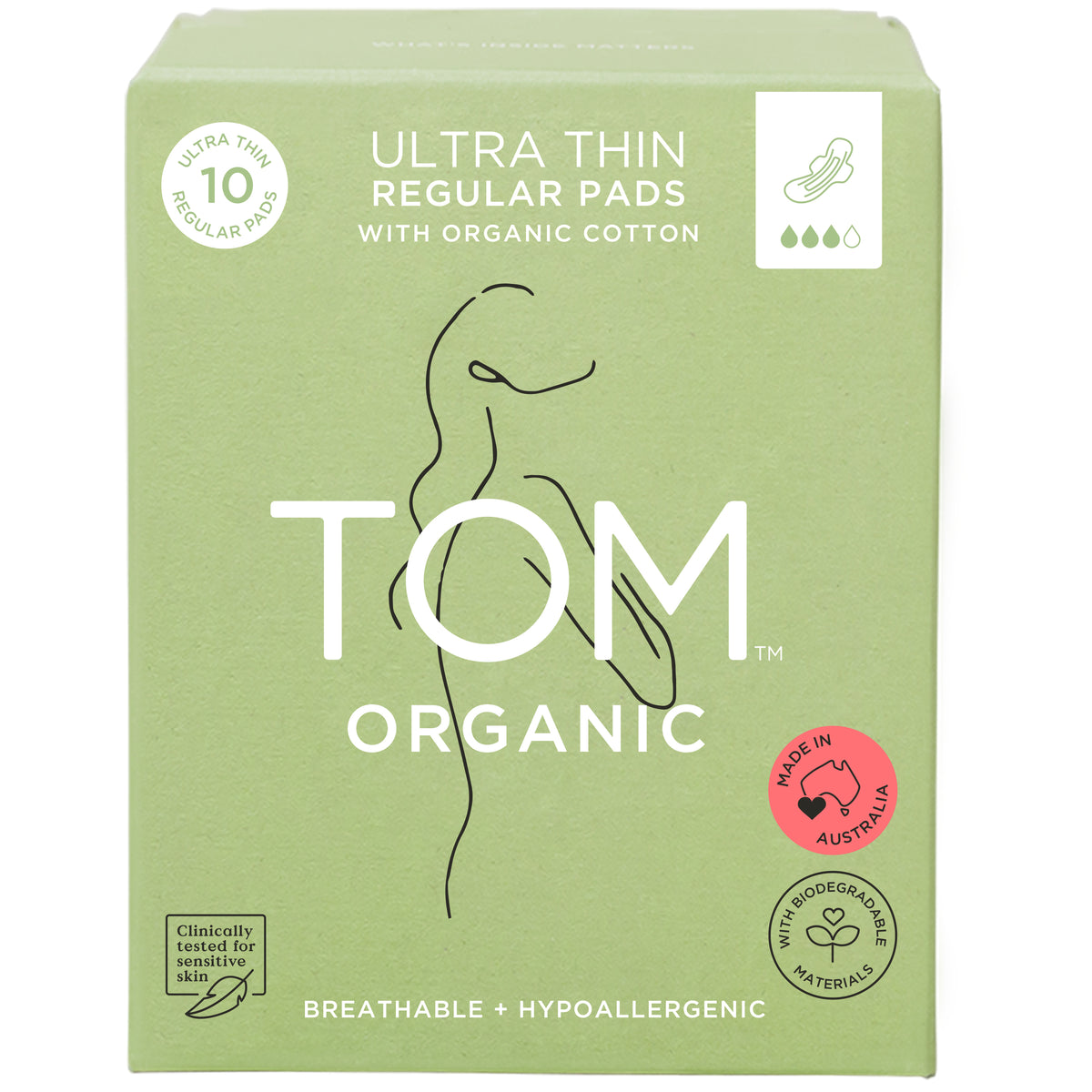 TOM Organic Ultra Thin Regular Organic Cotton Pads with Wings 10 Pack