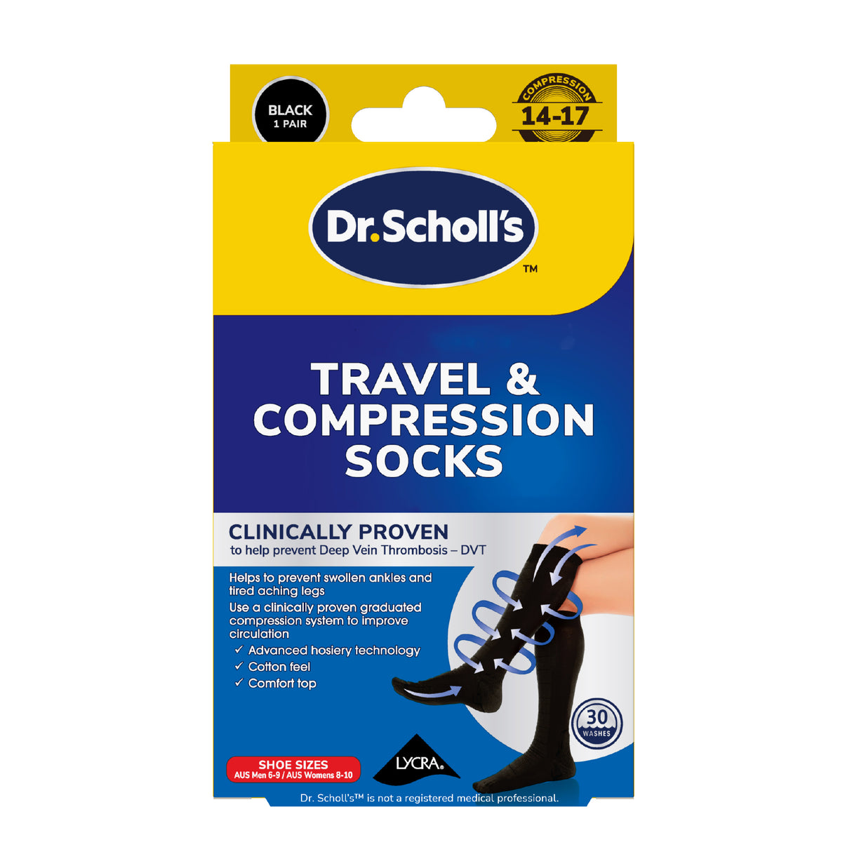 Scholl Flight Socks Compression Hosiery Black W8-11 M6-9