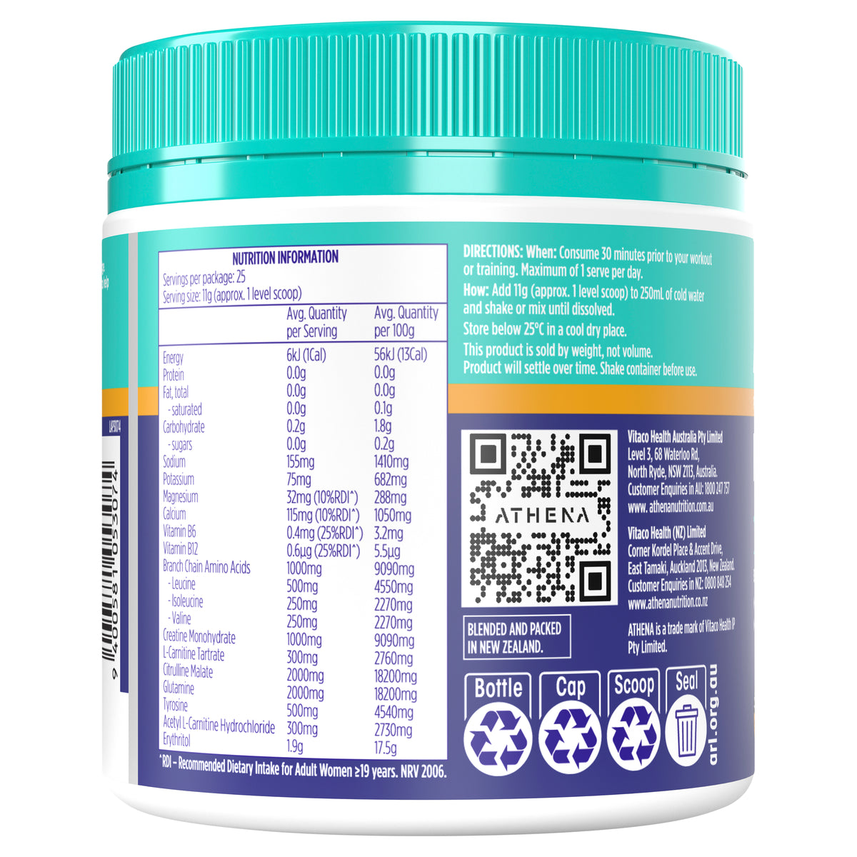 AthenaTM Pre Workout + Electrolytes Mango Burst 275g powder - NO CAFFEINE