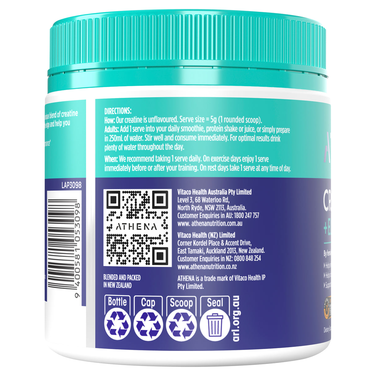 Athena Creatine + Electrolytes Unflavoured 270g powder