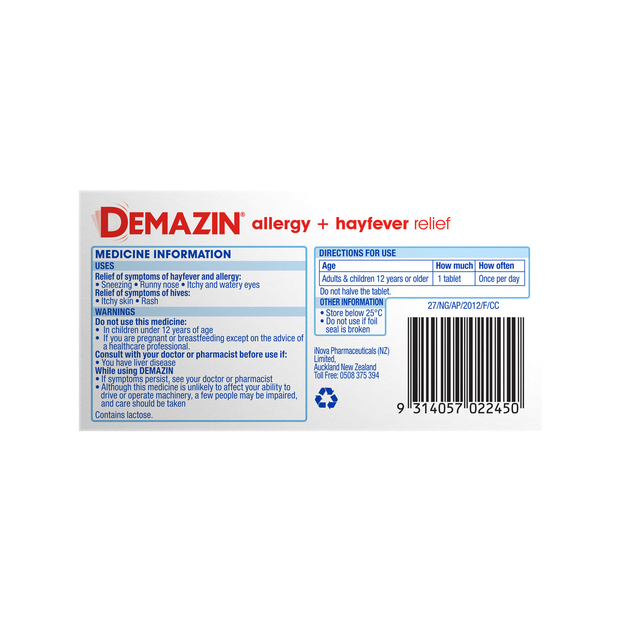 DEMAZIN hayfever allrgy rlf tab 30s