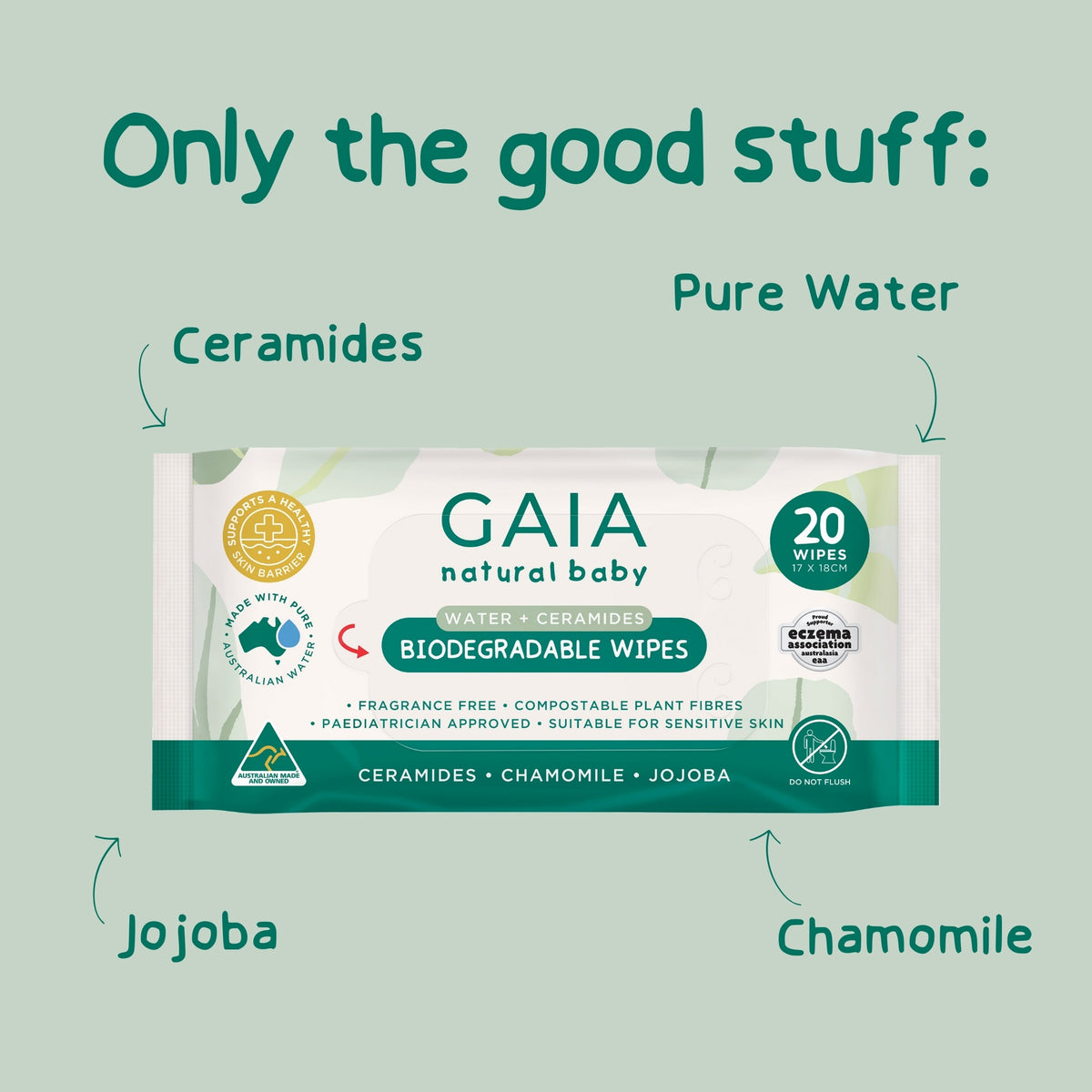 GAIA Natural Baby Water + Ceramides Biodegradable Wipes 20pk