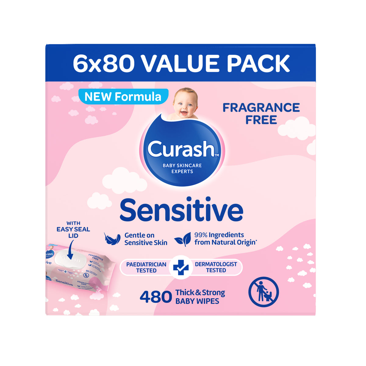 Curash Fragrance Free Baby Wipes 6x80 Pack