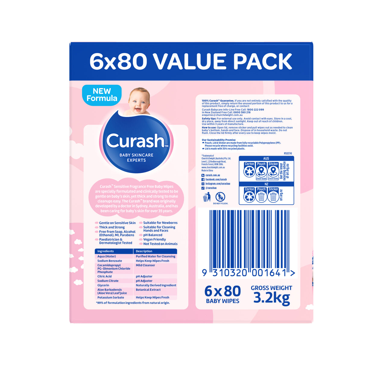 Curash Fragrance Free Baby Wipes 6x80 Pack