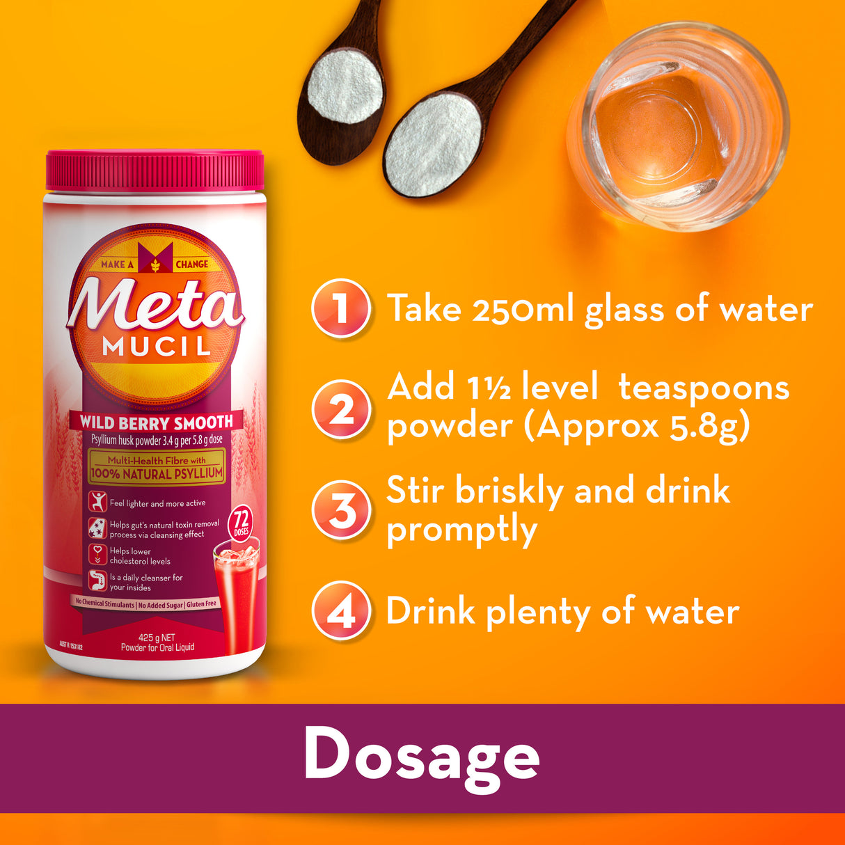Metamucil Multi-Health Fibre with 100% Psyllium Natural Psyllium Wild Berry Smooth 72D