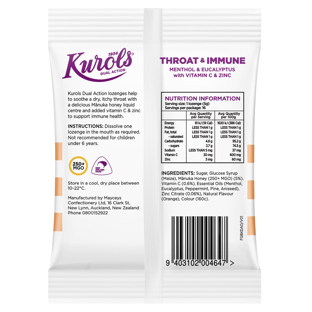 Kurols Dual Action Throat &Immune Lozenges 16s
