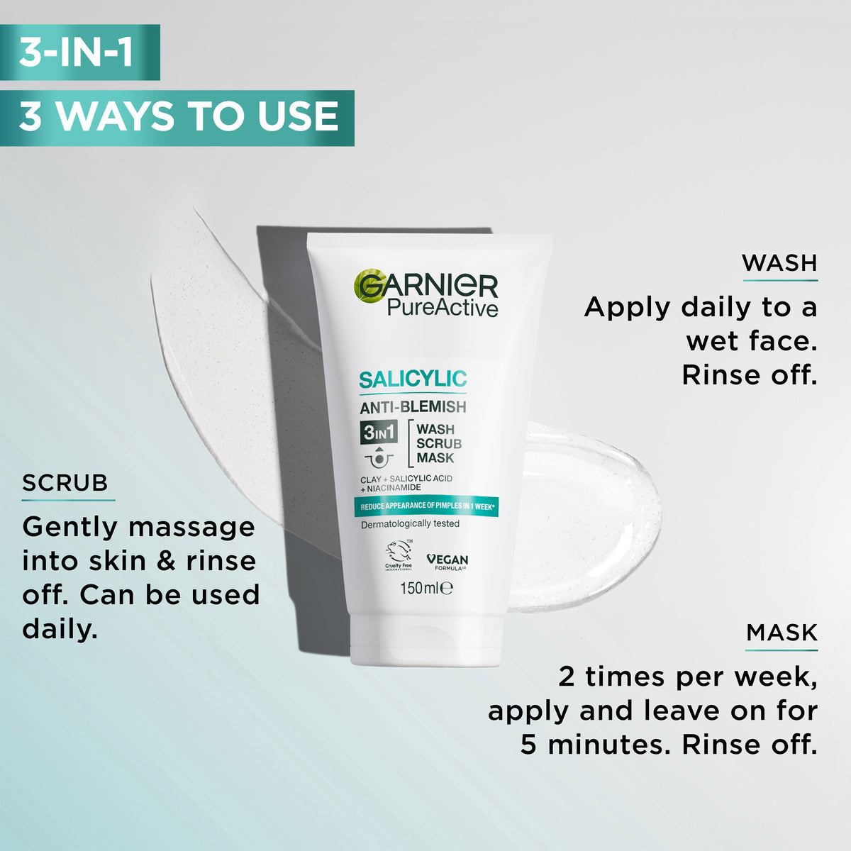 Garnier Pure Active 3 in 1 Wash, Scrub & Mask