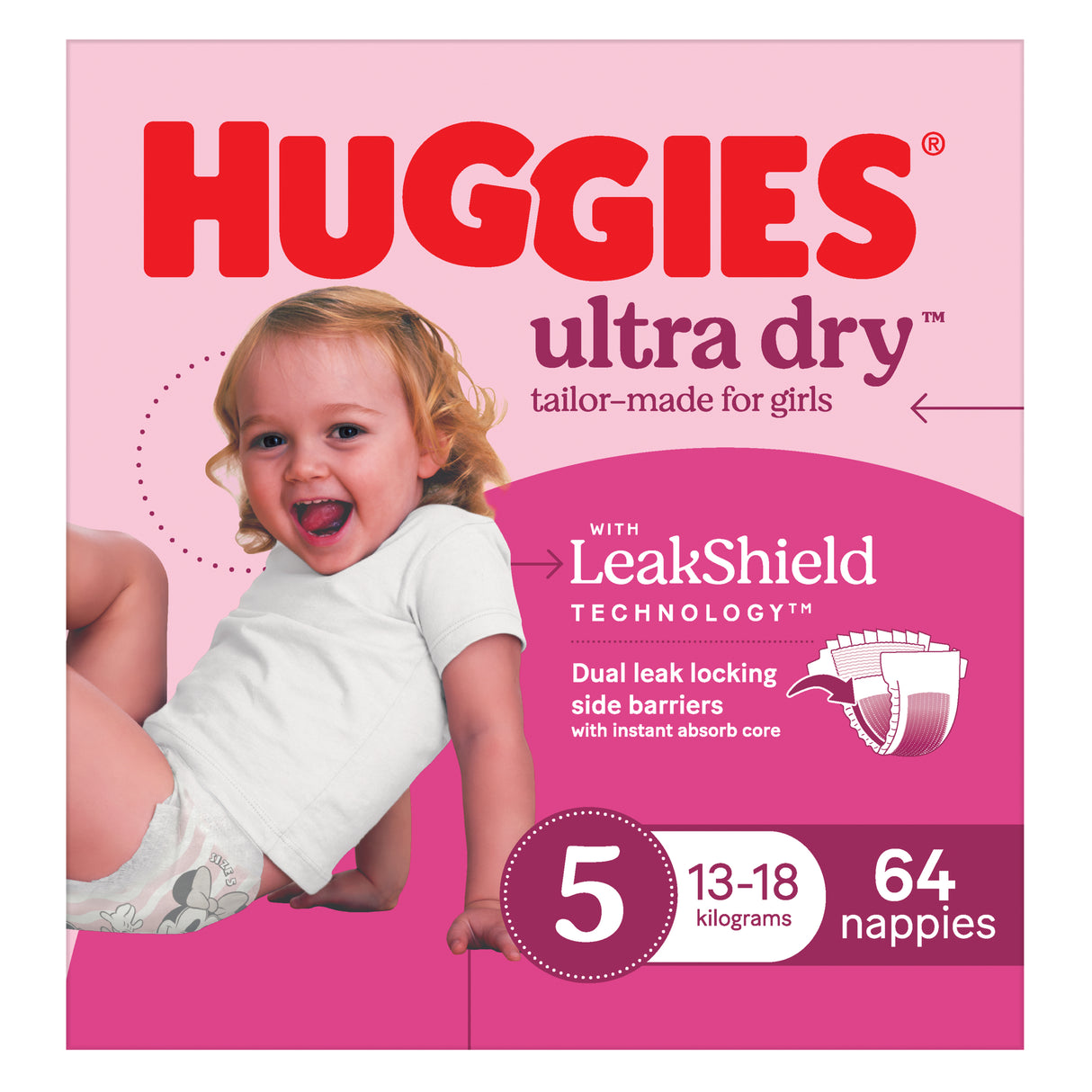 Huggies Ultra Dry Nappies Girls Size 5 (13-18kg) 64 Pack